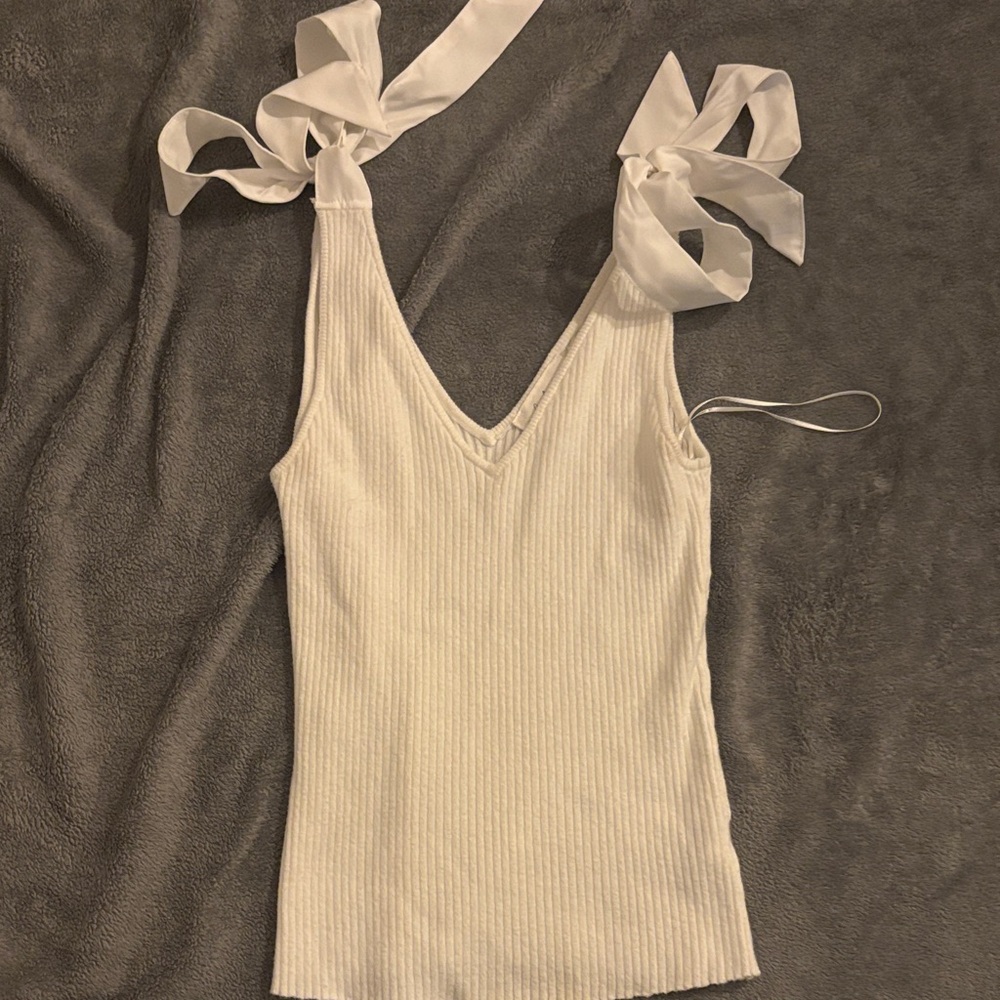 Ribbed V-Neck Tie-Strap Tank Top - White